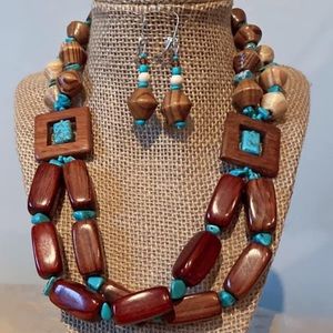 Handmade wood/turquoise necklace & earrings